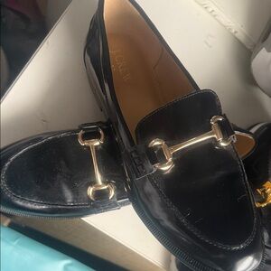 J. Crew Shiny Black Loafers with Gold Detail